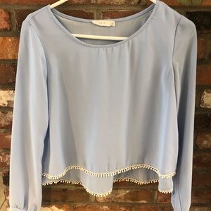 Sky Blue Long Sleeve Blouse with Cream Tassles